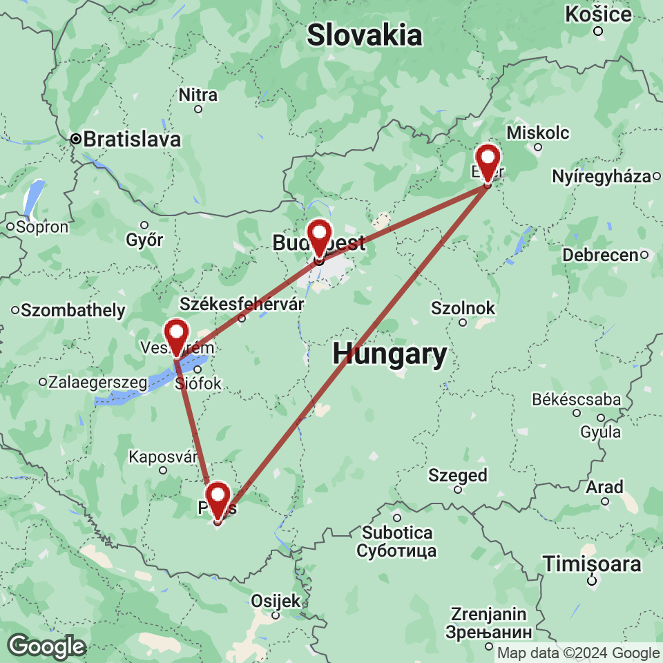 Route for Budapest, Lake Balaton, Pecs, Eger, Budapest tour